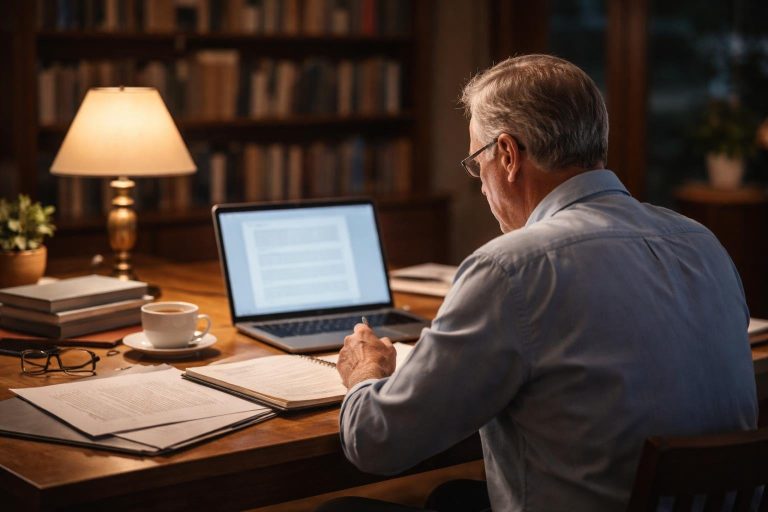 homme-mature-table-documents-ordinateur-bibliotheque