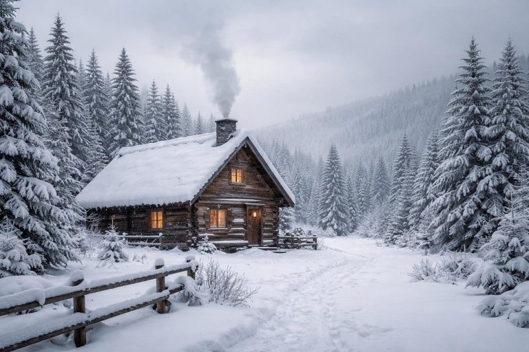 maison-bois-foret-neige-ciel-gris