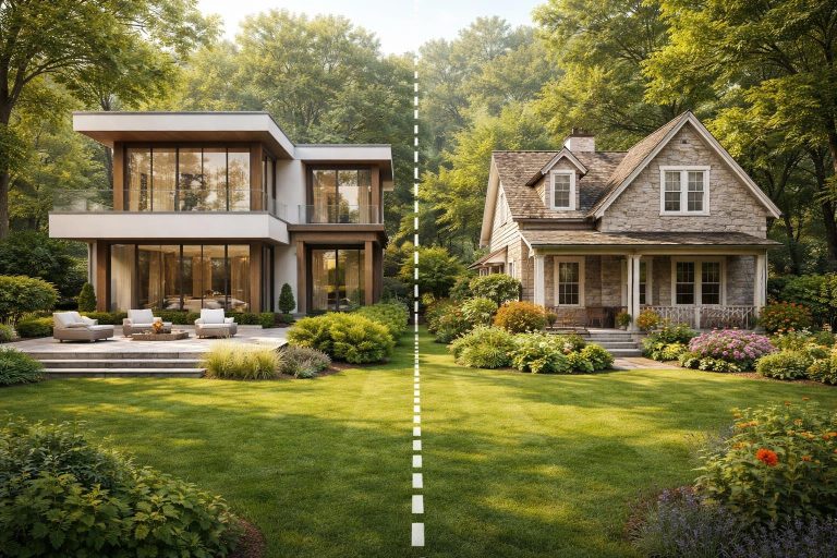 maisons-moderne-traditionnelle-jardin-verdoyant