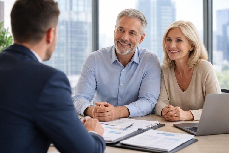 conseiller-couple-bureau-vitre-gratte-ciel